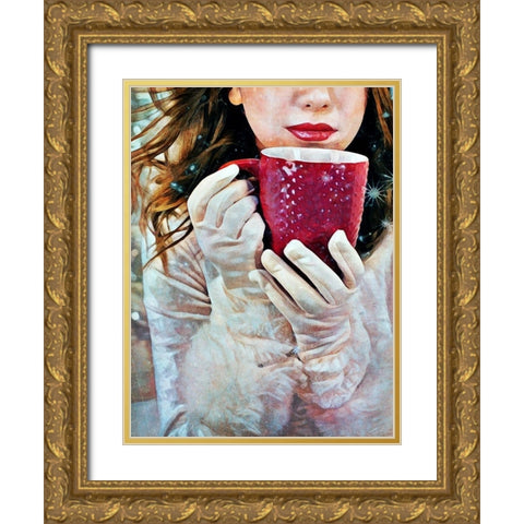 White Winter Warmer Gold Ornate Wood Framed Art Print with Double Matting by Aldridge, Ashley