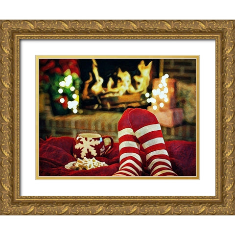 Christmas Feet By The Fire Gold Ornate Wood Framed Art Print with Double Matting by Aldridge, Ashley