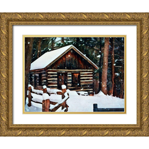 Snow Covered Cabin Gold Ornate Wood Framed Art Print with Double Matting by Aldridge, Ashley
