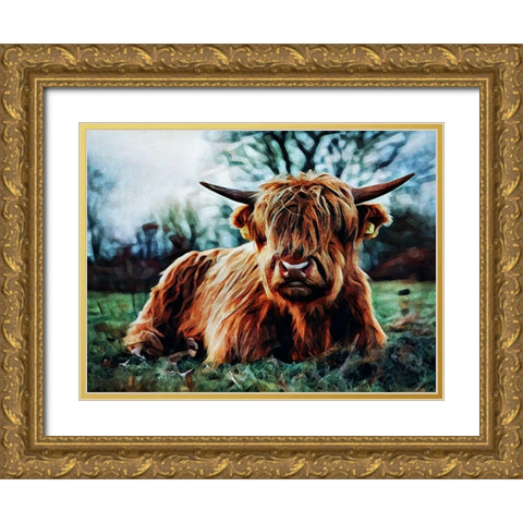Highland Cow Kinda Rest Gold Ornate Wood Framed Art Print with Double Matting by Aldridge, Ashley