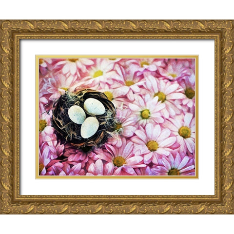 Nested On Daisies Gold Ornate Wood Framed Art Print with Double Matting by Aldridge, Ashley