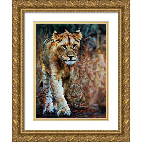 Lion Stalking In Style Gold Ornate Wood Framed Art Print with Double Matting by Aldridge, Ashley