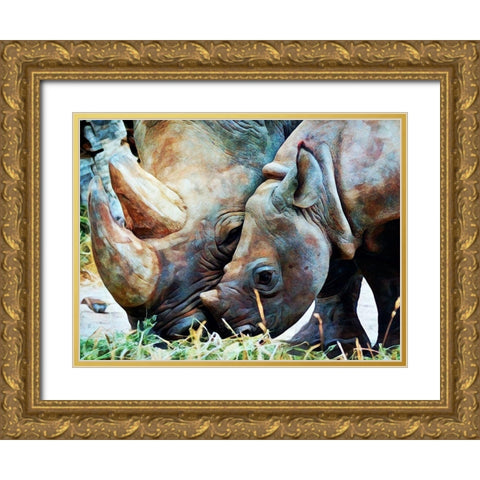 Rhinoceros and Calf Connection Gold Ornate Wood Framed Art Print with Double Matting by Aldridge, Ashley