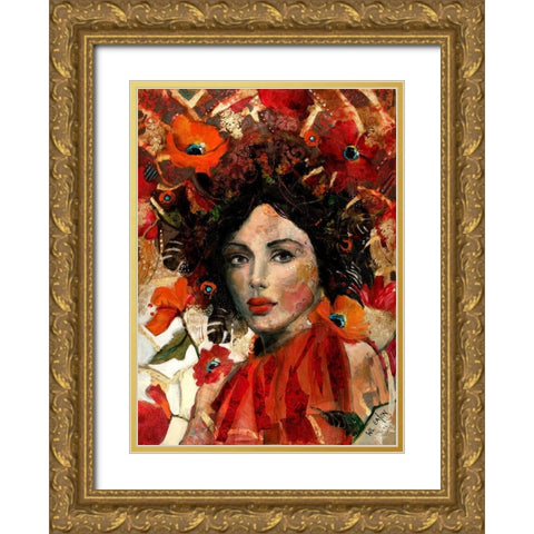 Lady with Red and Orange Flowers Gold Ornate Wood Framed Art Print with Double Matting by Eaton, Winnie