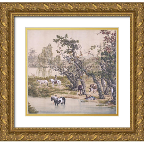 Celestial Equine-Triptych Gold Ornate Wood Framed Art Print with Double Matting by Hunziker, Steve