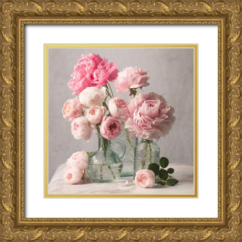 Rose and Peony Duet Gold Ornate Wood Framed Art Print with Double Matting by Maclean, Leah