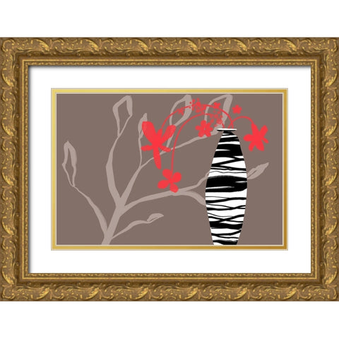 Red Flowers in a Vase Gold Ornate Wood Framed Art Print with Double Matting by Naskrent, Delores