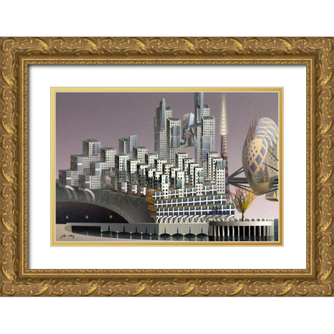 Fantatown II Gold Ornate Wood Framed Art Print with Double Matting by Wang, John