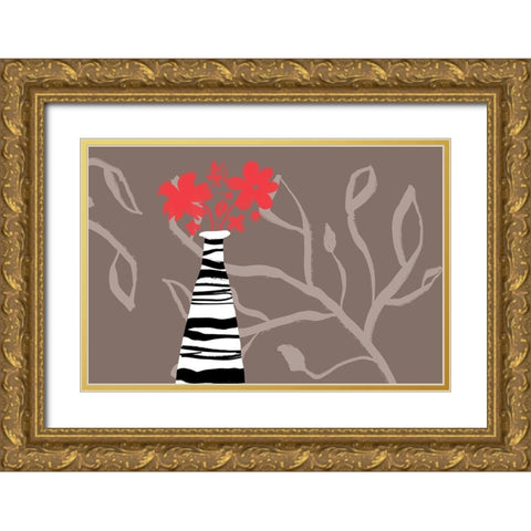 Tall Vase Red Blooms Gold Ornate Wood Framed Art Print with Double Matting by Naskrent, Delores