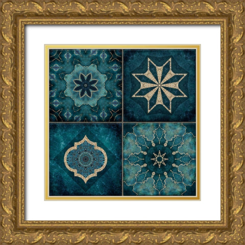 Elegant Teal Tiles Gold Ornate Wood Framed Art Print with Double Matting by Haase, Andrea