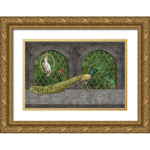 Peacocks Jungle Palace Gold Ornate Wood Framed Art Print with Double Matting by Haase, Andrea