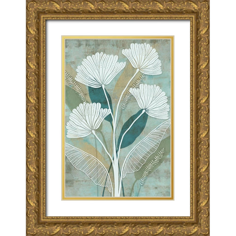 White Linear Floral Gold Ornate Wood Framed Art Print with Double Matting by Kouta, Flora