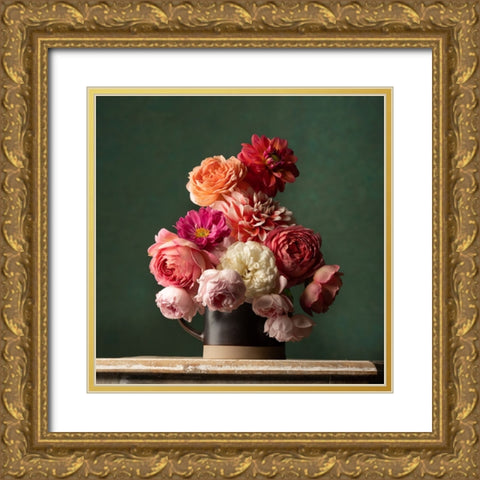 Blooms on Green Gold Ornate Wood Framed Art Print with Double Matting by Mclean, Leah