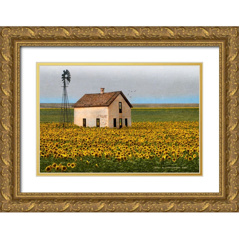 White House with Sunflowers Gold Ornate Wood Framed Art Print with Double Matting by Vest, Christopher
