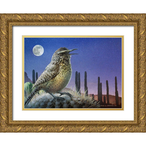Saguaro Cactus Wren by Moonlight Gold Ornate Wood Framed Art Print with Double Matting by Vest, Christopher