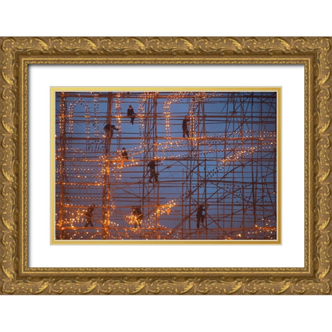 The festival runs Ship Fire Gold Ornate Wood Framed Art Print with Double Matting by Intarob, Sarawut