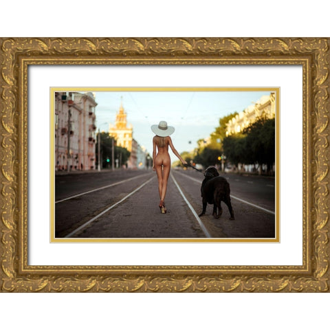 Lady with her dog Gold Ornate Wood Framed Art Print with Double Matting by Oryx, Gene