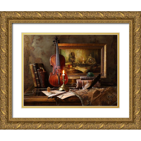 Still life with violin and painting Gold Ornate Wood Framed Art Print with Double Matting by Morozov, Andrey