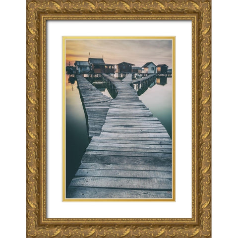 lake and roads and cottages Gold Ornate Wood Framed Art Print with Double Matting by Stranak, Pavol