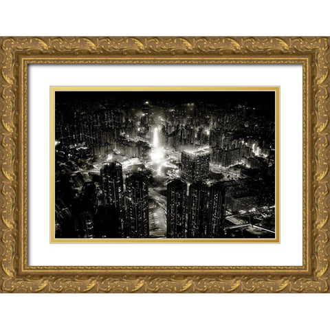 hong kong night Gold Ornate Wood Framed Art Print with Double Matting by Hagiwara, Kenichiro