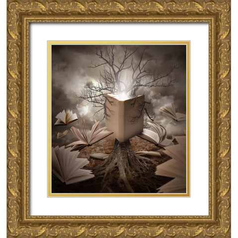 Old Tree Reading Story Book Gold Ornate Wood Framed Art Print with Double Matting by Waye, Angela