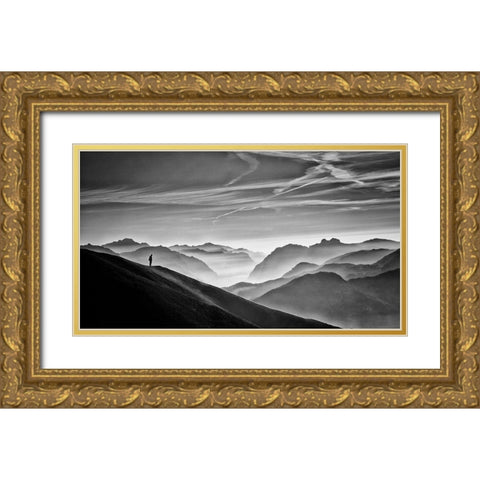 Hunter in the fog BW Gold Ornate Wood Framed Art Print with Double Matting by Guarino, Vito