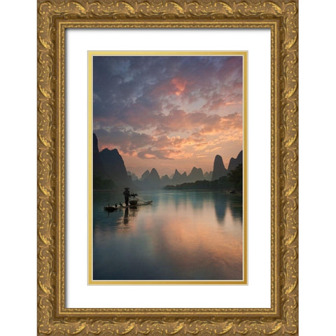 Li River Sunrise Gold Ornate Wood Framed Art Print with Double Matting by Zhang, Yan