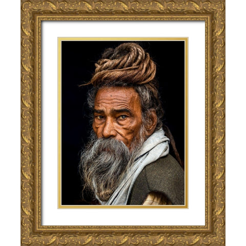 Portrait of a Sadhu... Gold Ornate Wood Framed Art Print with Double Matting by J.V, Rakesh