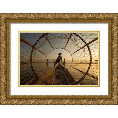 Inle Fisherman Gold Ornate Wood Framed Art Print with Double Matting by Song, Gunarto