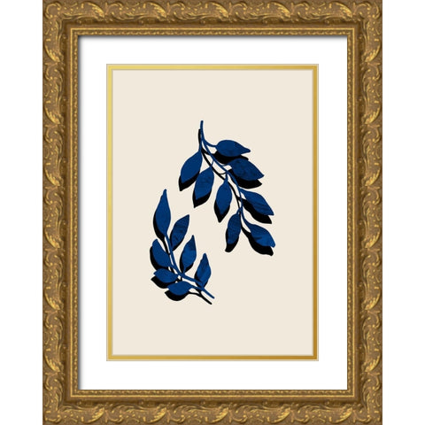 Blue Twig Brush Gold Ornate Wood Framed Art Print with Double Matting by Artographie Studio