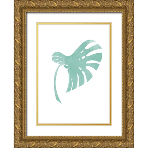 Monstera Leaf Teal Gold Ornate Wood Framed Art Print with Double Matting by Artographie Studio