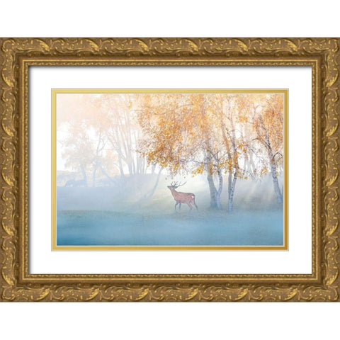 Elk Lost in Mist Gold Ornate Wood Framed Art Print with Double Matting by Simoon