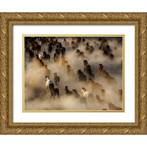 Wild horses Gold Ornate Wood Framed Art Print with Double Matting by Bedir, Mehmet