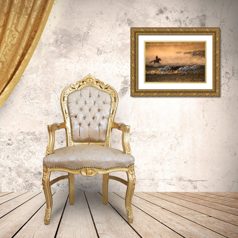 Mongolia Horses Gold Ornate Wood Framed Art Print with Double Matting by Zhang, Libby
