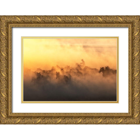 YAplkAp Horses Gold Ornate Wood Framed Art Print with Double Matting by Sozen, Ozden