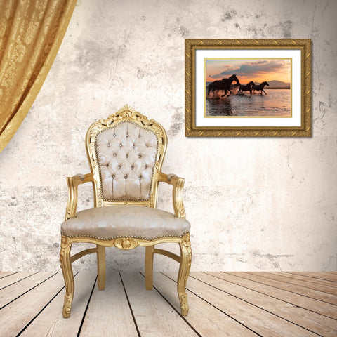 Water Horses Gold Ornate Wood Framed Art Print with Double Matting by Tekdogan, Barkan