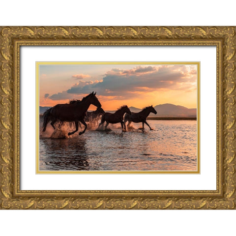 Water Horses Gold Ornate Wood Framed Art Print with Double Matting by Tekdogan, Barkan