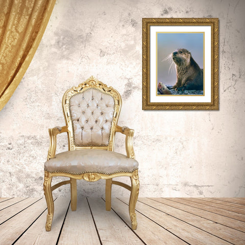River Otter with fish Gold Ornate Wood Framed Art Print with Double Matting by Fitzharris, Tim