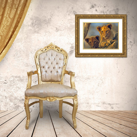 African Lion babies Gold Ornate Wood Framed Art Print with Double Matting by Fitzharris, Tim