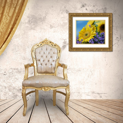 Sunflowers and Campanula Gold Ornate Wood Framed Art Print with Double Matting by Fitzharris, Tim