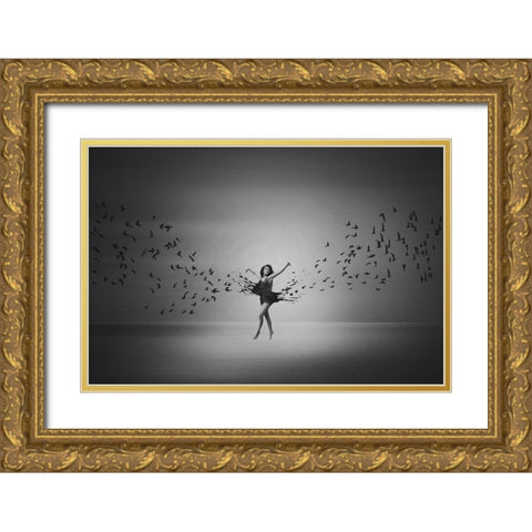 Ballerina flight of Birds Gold Ornate Wood Framed Art Print with Double Matting by Biwit, Mark