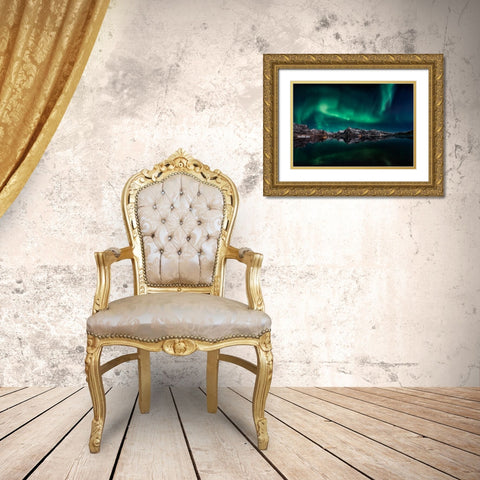 Lofoten Aurora Reflection Gold Ornate Wood Framed Art Print with Double Matting by De La, Javier