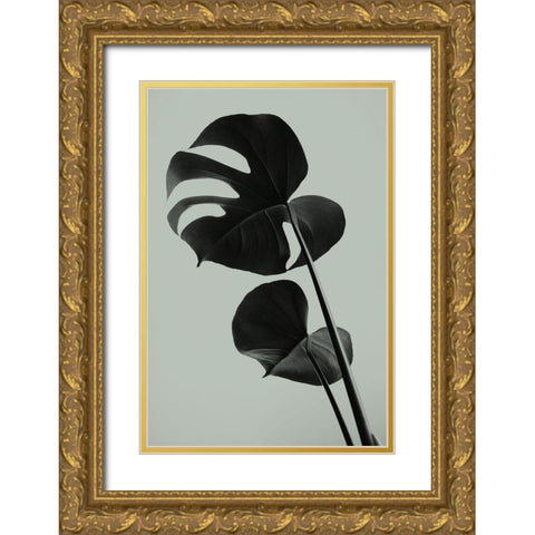 Monstera Teal 01 Gold Ornate Wood Framed Art Print with Double Matting by Artographie Studio