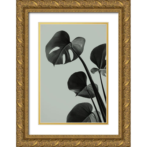 Monstera Teal 04 Gold Ornate Wood Framed Art Print with Double Matting by Artographie Studio