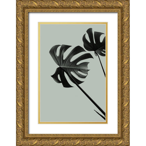 Monstera Teal 09 Gold Ornate Wood Framed Art Print with Double Matting by Artographie Studio