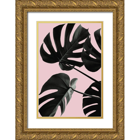 Monstera Pink No 01 Gold Ornate Wood Framed Art Print with Double Matting by Artographie Studio