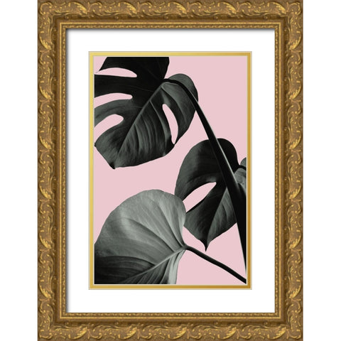 Monstera Pink No 04 Gold Ornate Wood Framed Art Print with Double Matting by Artographie Studio