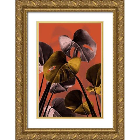 Monstera Orange 01 Gold Ornate Wood Framed Art Print with Double Matting by Artographie Studio