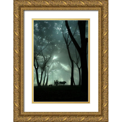 Oxcart Silhouette Gold Ornate Wood Framed Art Print with Double Matting by Octavandy