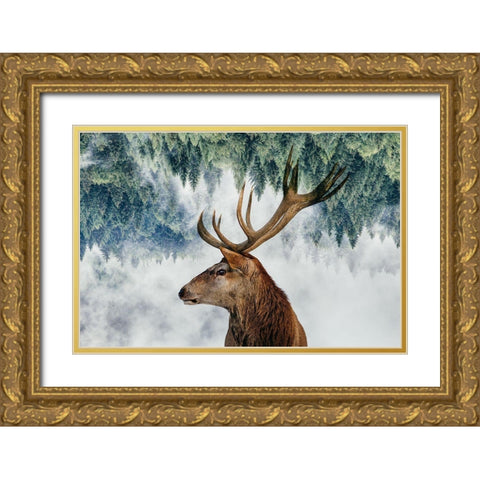 The Deer and the woods Gold Ornate Wood Framed Art Print with Double Matting by Beata, Angyalosi